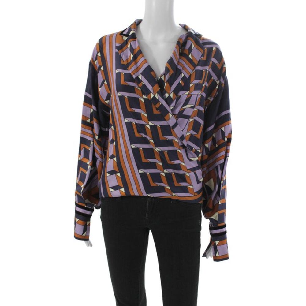 Amanda Wakeley Womens Geometric Multicolor Collared Blouse Long Sleeve Size S